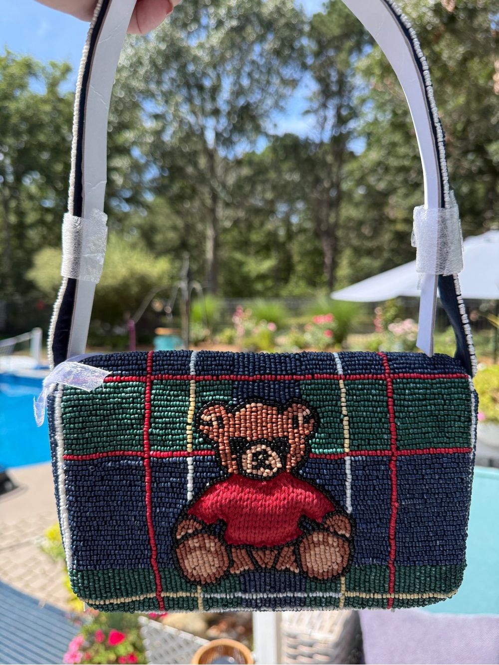 Viral Beaded Teddy Bear Plaid Shoulder Bag NWT Preppy Holiday